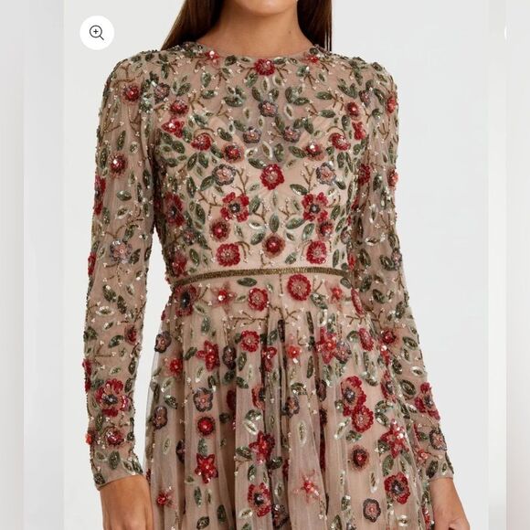 Mac Duggal NWT Elegant Floral Embroidered Long Sleeve Whimsical Maxi Tan Gown 12 - Picture 5 of 16